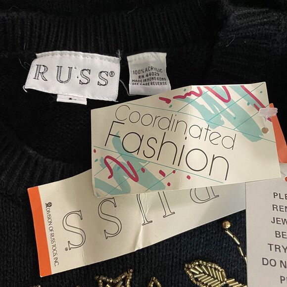 NWT Vintage Russ Sweater Large Black Gold Floral Beadwork Retro 80s Beverly Knit - Picture 11 of 11